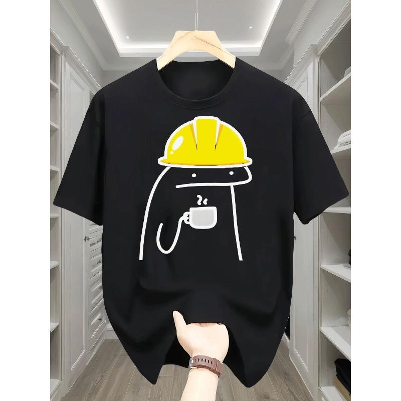 European sizes Boys T Shirt Casual Daily Festival Wear Kids Fashion Trendy Cartoon Worker Helmet Coffee Cup Graphic Short Sleeve Top for Boys