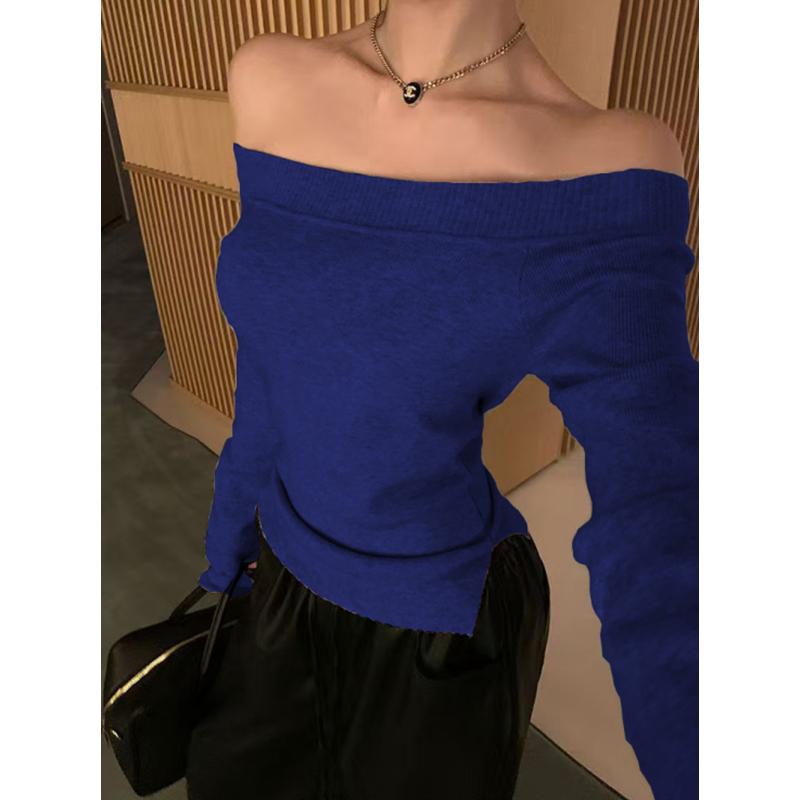 Сексуальный модный вязаный свитер с косым воротником для женщин, осенний, длинный рукав, зима, облегающий свитер с открытыми плечами, женские однотонные шикарные короткие джемперы 25502