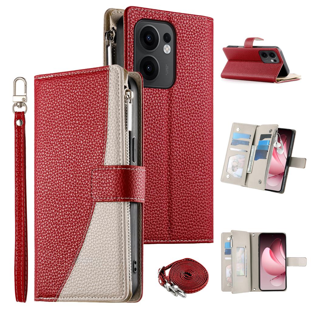 For Oppo Reno13 F 5G Case Zipper Wallet Color Splicing Leather Flip Phone Cover with Straps