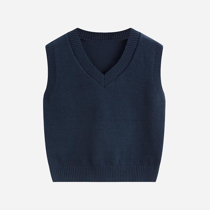 Autumn/Winter Children's Cotton Knit V-Neck Sweater Vest - College Style, Solid Color