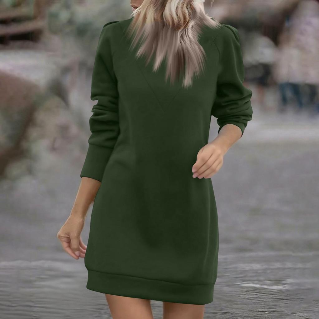 Women's Casual Fleece Lined Round Neck Long Sleeve Solid Color Dress