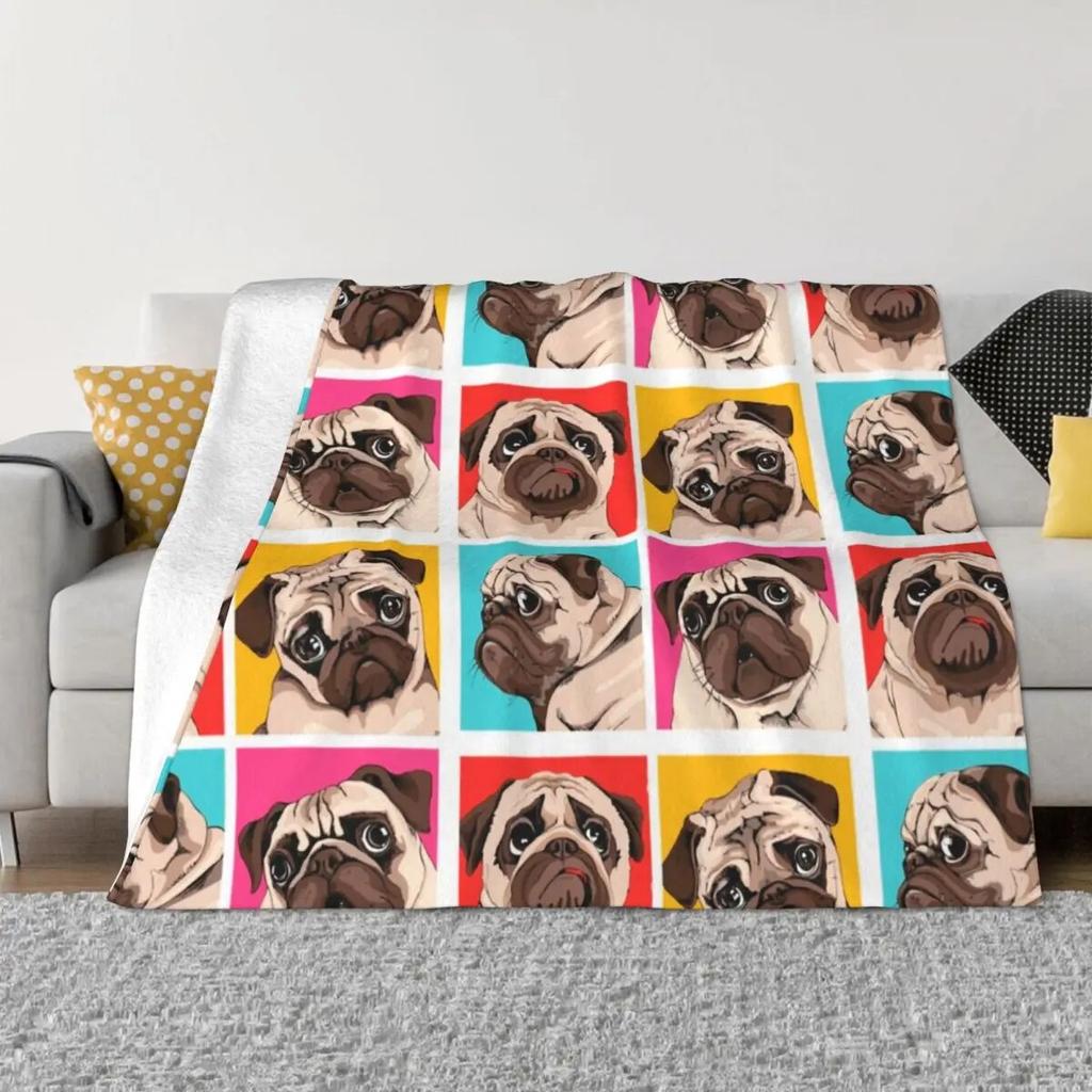 Four Portrait Of A Pugs Pop Art Style Blankets Flannel Summer Dog Thin Throw Blankets for Bedding Bedroom Bedspreads