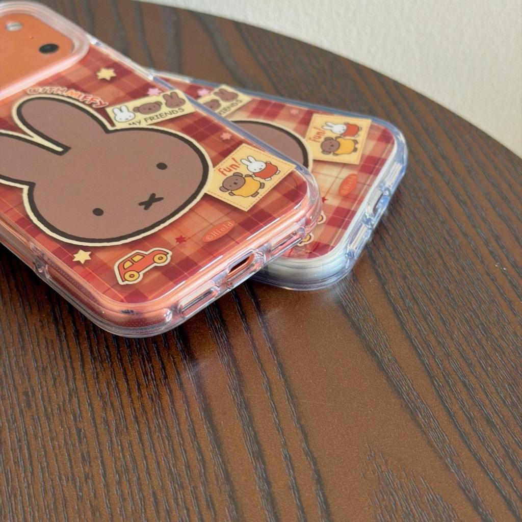 Черный клетчатый кожаный чехол с кроликом Миффи для iPhone 13 до 17 Pro/Max