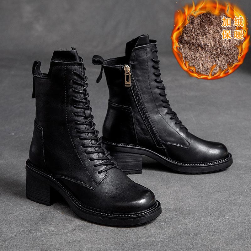 Мода 2025 Ручная работа Ретро Сапоги на высоком каблуке Женские Осень Зима Натуральная коровья кожа Круглый носок Молния Тренд Теплые Сапоги до середины икры Женские