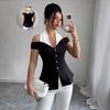 Элегантная женская черная и белая рубашка с открытыми плечами - Европейский и американский стиль, приталенная, для повседневной носки и офиса