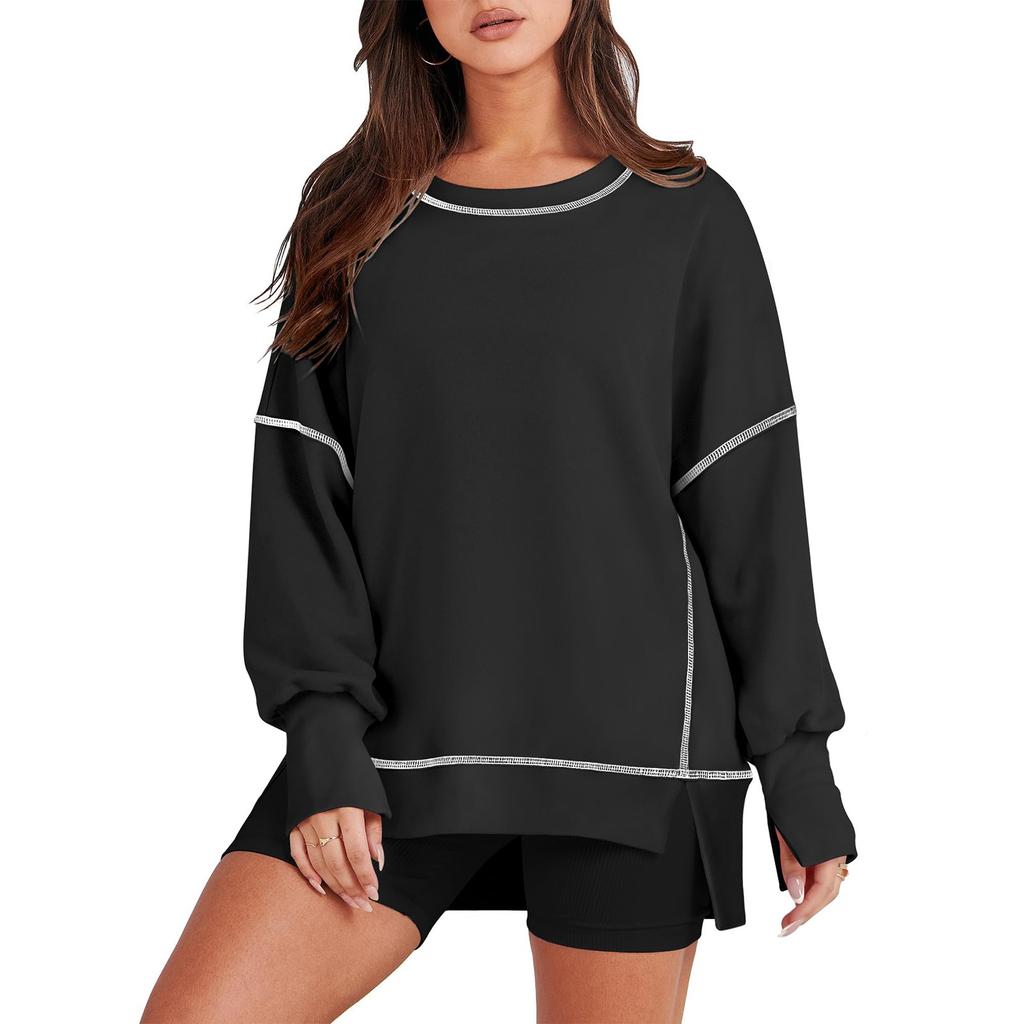 Women's Casual Loose Fitting Pullover Sweatshirt Solid Color Split Stitch Long Sleeved Sweatshirt