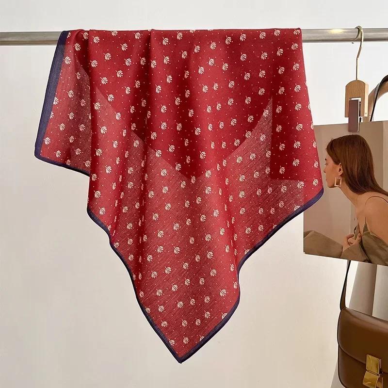 Retro Cotton Floral Print 70cm Velvet Square Scarf for Women Soft Neckerchief Lady Hijab Small Neck Ties Female Hair Headbands