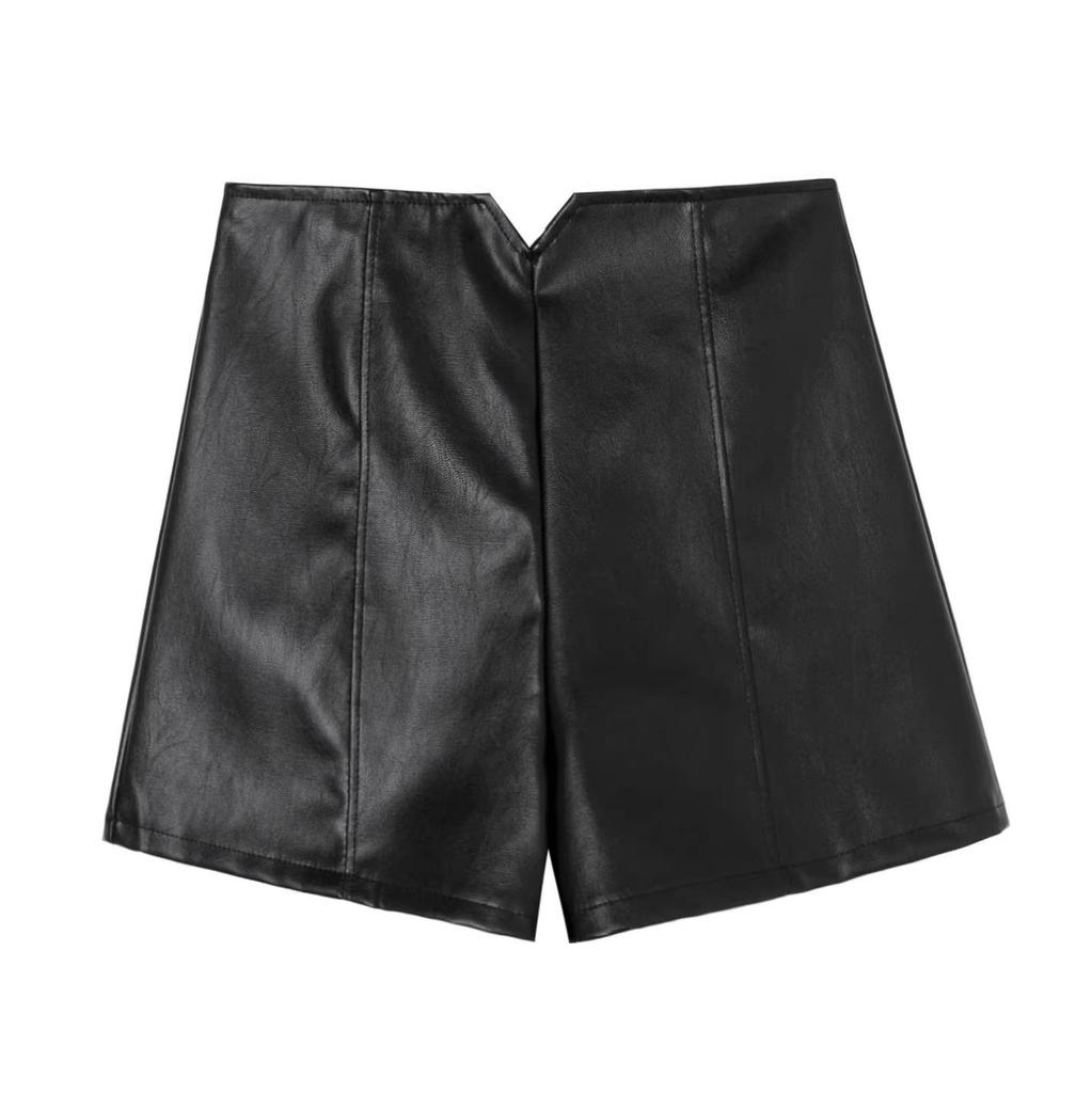 2023 Women's PU Leather High-Waisted Black Wide-Leg Shorts - Autumn/Winter Style