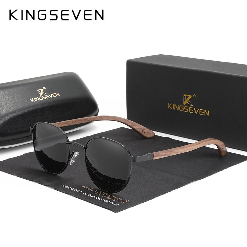 Kingseven 2022 New Handmade Walnut Wood Round Sunglasses Men Women Polarized Mirror Sun Glasses Male Steampunk Shades Oculos