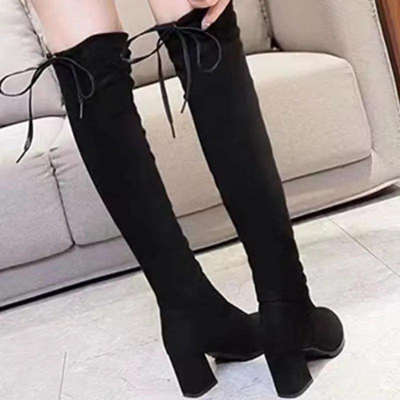 Модные осенние женские сапоги выше колена на толстом каблуке, новые высокие сапоги до бедра для женщин, туфли на каблуке, вечерние женские сапоги
