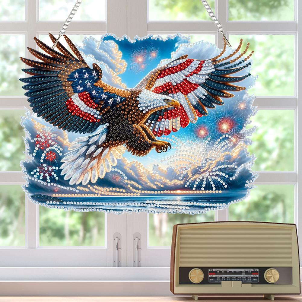 US Flag Eagle 2D Flat DIY Rhinestone Diamond Art Window Pendants Hanging Diamond Art Kits Window Hanging Art for Home Decor