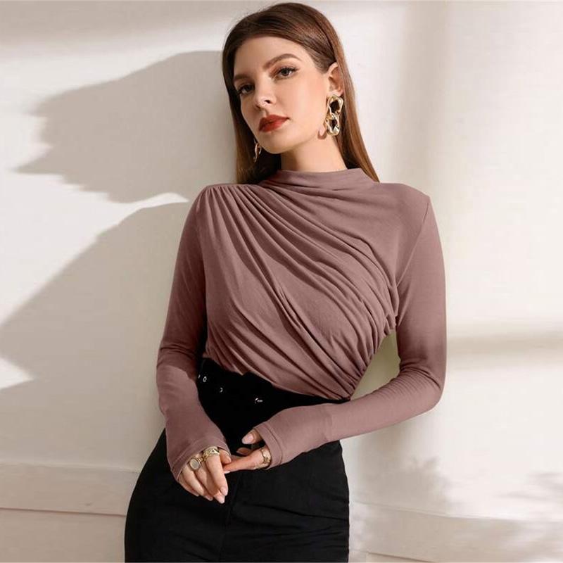 Autumn Women Long Sleeve Elastic Pure Color Going Out Tops Ruched Fashion Elegant Softy Slim Crop Top