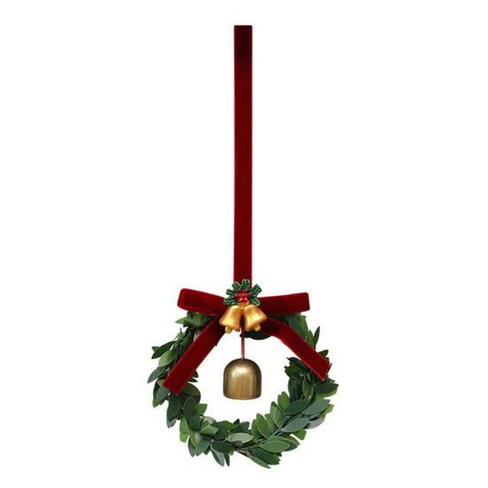 Christmas Bell Wreath Hanging Ornament Mini PVC Garland with Red Bow Xmas Tree Decor