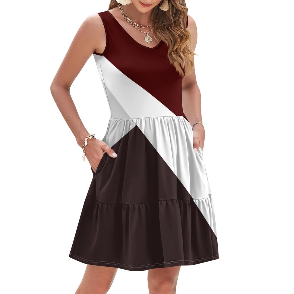 Женское летнее модное повседневное платье без рукавов с V-образным вырезом, складками, узором в горошек, цветными блоками, с принтом жилета