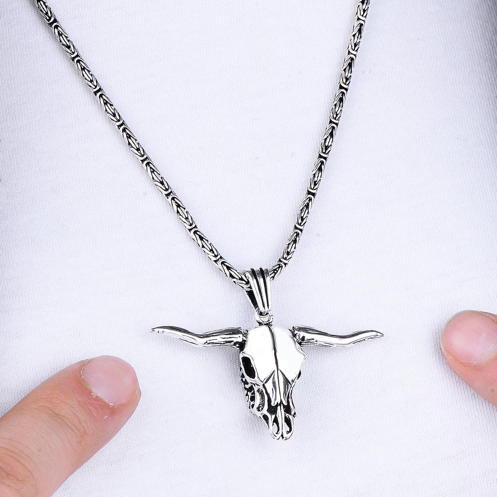 Мужское серебряное ожерелье с подвеской в ​​виде черепа быка с византийской цепочкой, роскошные байкерские украшения, уникальный подарок для него