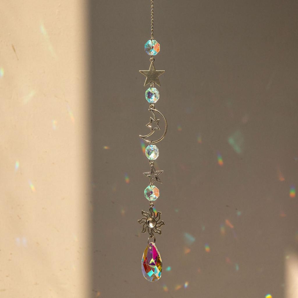 1PC Crystal Wind Chime with Moon Sun Catcher Diamond Prisms Dream Catcher Rainbow Pendant for Home Garden Decor