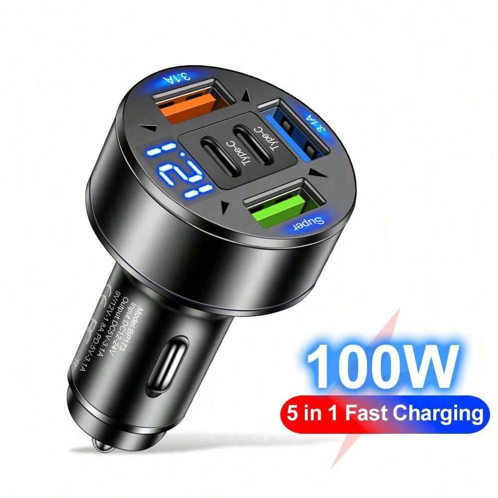 Dual Type-C & USB Car Charger with LED Voltage Display, 3.1A Fast Charging Adapter