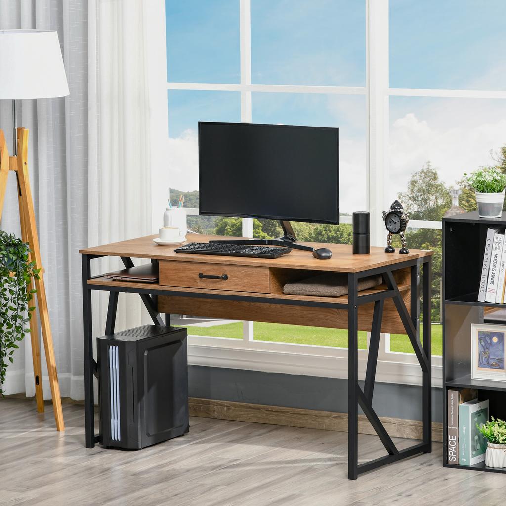 Industrial Style Desk 120L x 60W x 76H cm Drawer + 2 Compartments Black Metal Base Top, for Study, Effect