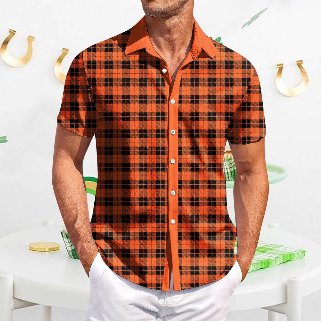 Мужская повседневная рубашка с короткими рукавами, приталенная, модная, с принтом в клетку