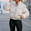 Women Autumn Winter Down Cotton-Padded Jacket Stand Collar Long Sleeve Pockets Zipper Placket Cropped Jacket Warm Overcoat