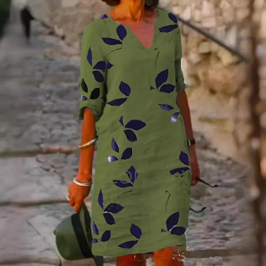 Платье-пуловер из хлопка и льна с принтом в европейском и американском ретро-стиле - Элегантная юбка средней длины