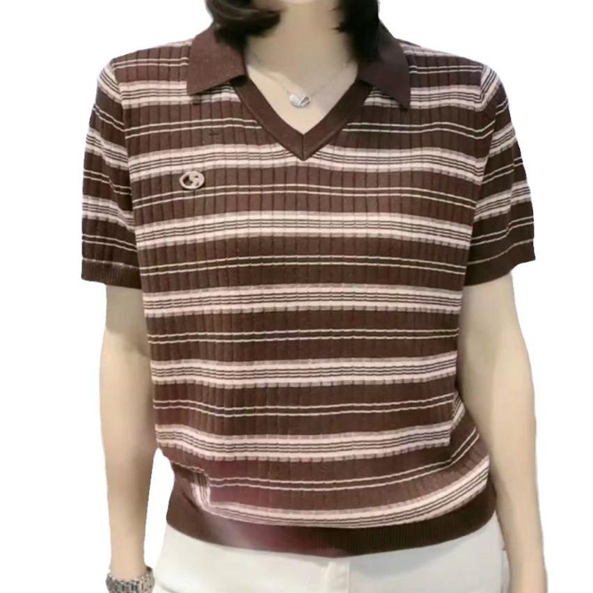 Футболка с короткими рукавами для женщин, новые популярные летние повседневные универсальные топы для мам, модная полосатая рубашка-поло, замедляющая старение