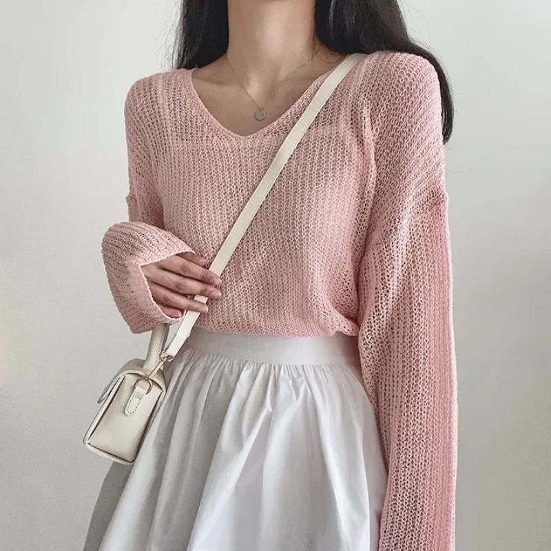 V-neck Fashion Loose Pullover Knitted Sweater Thin Sunscreen Blouse Women Long Sleeve Cover Up 2025 New Elegant Solid Knitwear Korean Solid Color Top