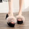 Корейские шлепанцы из натурального меха лисы, летние новые туфли на платформе, танкетке, толстая подошва, разноцветные тапочки, высокие каблуки, женские шлепанцы, повседневные