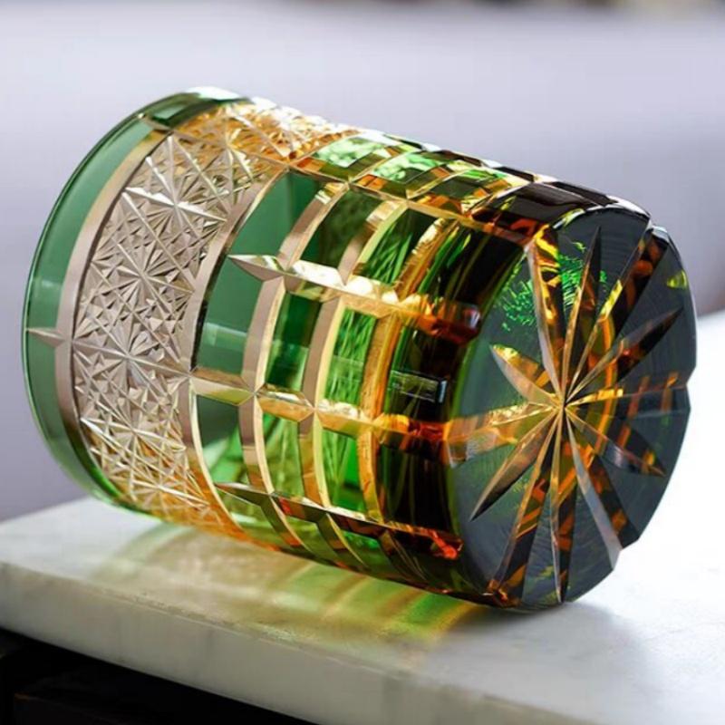 Handmade Japanese Style Edo Kiriko Whiskey Glass Tumbler Colored Hand Cut To Clear Glasses Color Tinted Old Fashioned Glasses