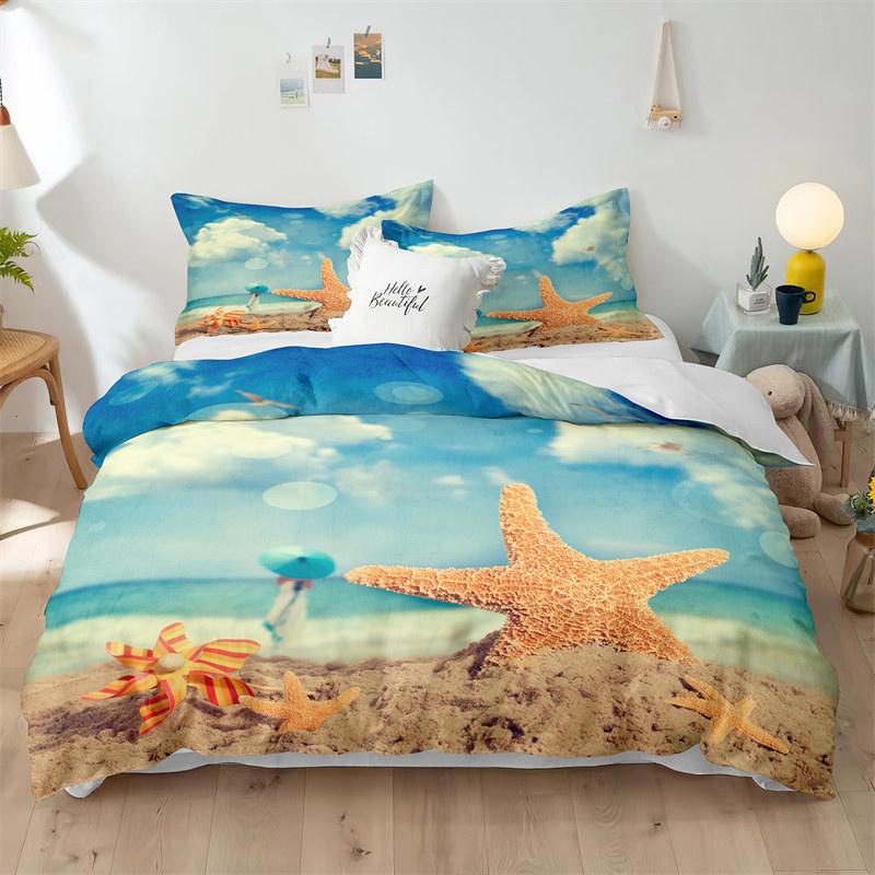 Beach Theme Duvet Cover Set Blue Ocean Bedding Set King Queen For Kids Girls Microfiber Seashell Starfish Print Comforter Cover