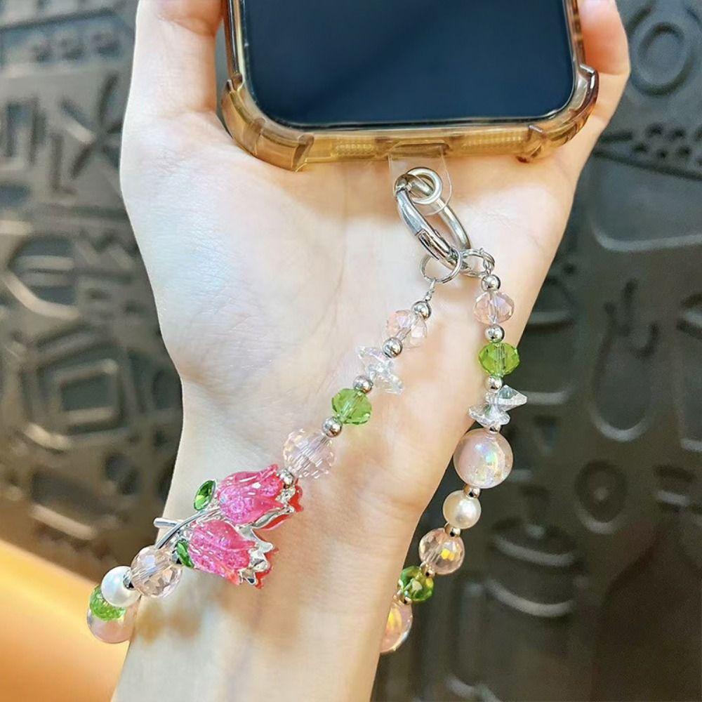 Pearl Cell Phone Chain Tulip Flower Mobile Phone Lanyard Crystal Bead Phone Strap New Year Gift