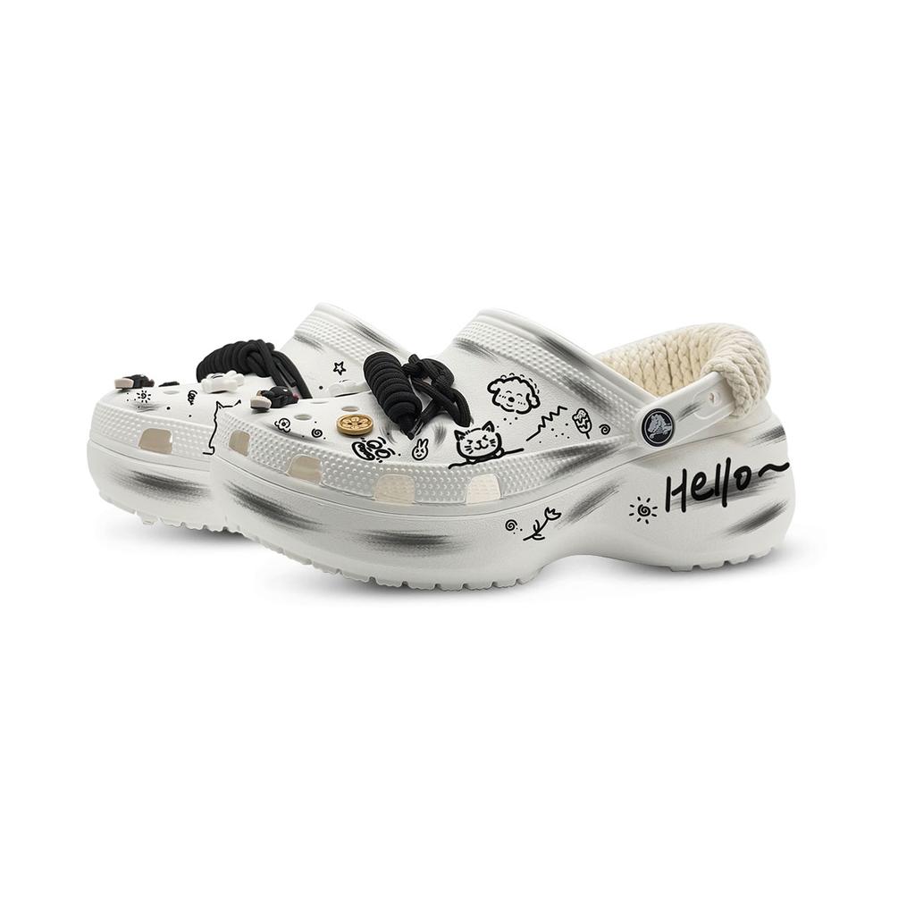 Crocs Classic Platform Clog Happy Graffiti EVA Cloud Cartoon Cute Hole Shoes Women's White