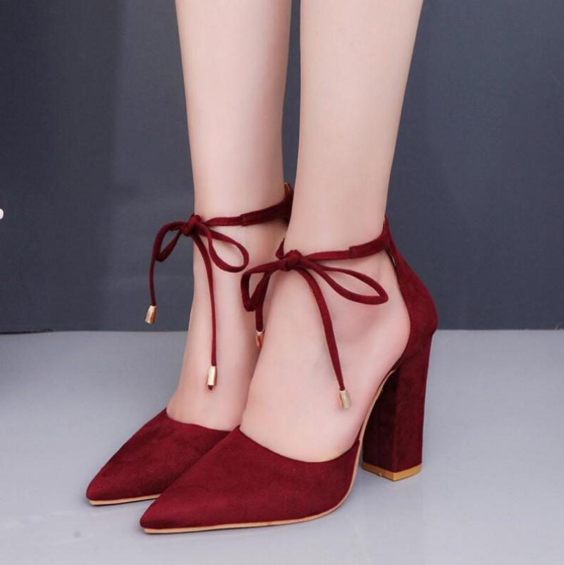 10cm Sexy Pointed Toe Ladies Shoes Square High Heels Lace Up Women Pumps 2024 Wedding Strap Blue Woman Shoes Size 43