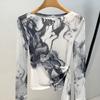 Mesh Base Shirt for Women's New Year Women's Ink Printed One-Shoulder T-shirt