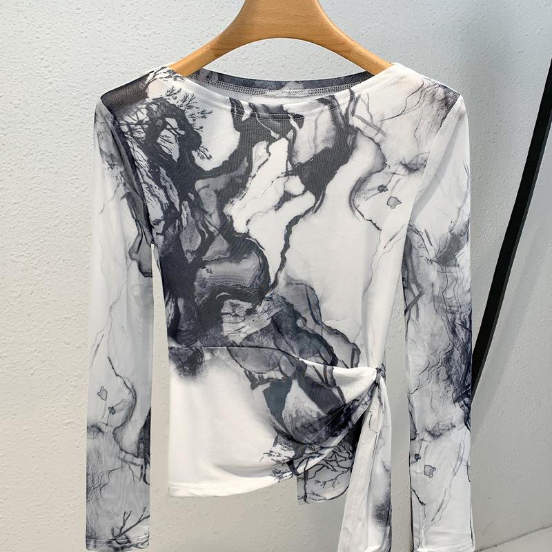 Mesh Base Shirt for Women's New Year Women's Ink Printed One-Shoulder T-shirt