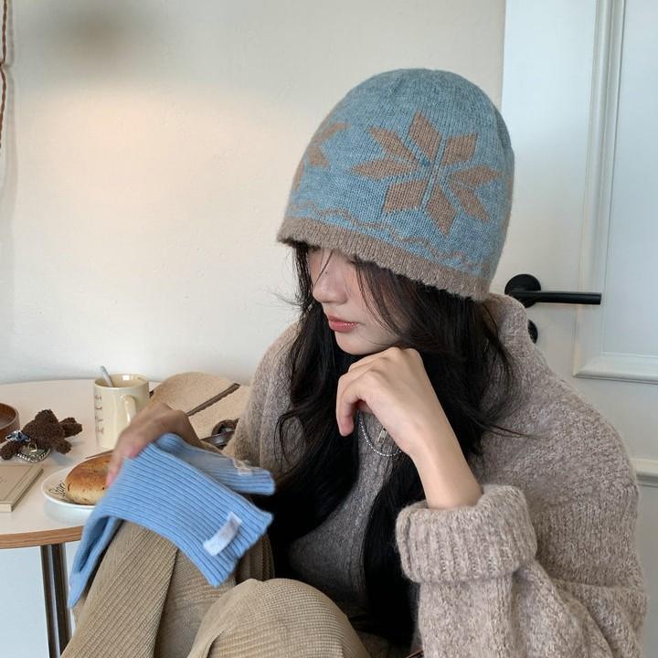 Ретро жаккардовая вязаная шапка-пуловер с большой снежинкой, осенне-зимняя атмосфера, теплая, универсальная, от холода, модная шерстяная шапка