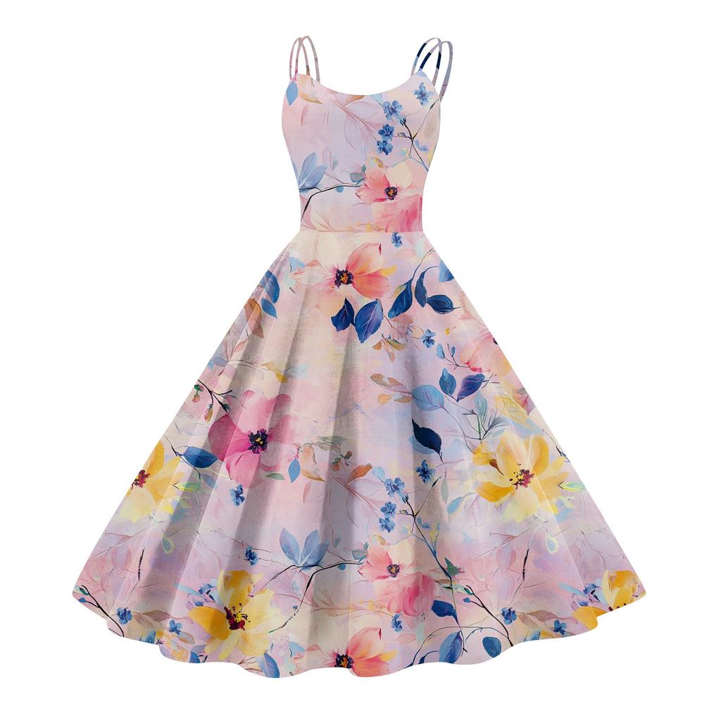 Women's Casual Fashion Flower Print Sexy Off Shoulder Punk Retro Dress Retro Dress Dress