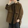 Women Autumn Vintage Style Long Sleeve Big Pockets Outerwear Shirts Solid Color Loose Casual Tops