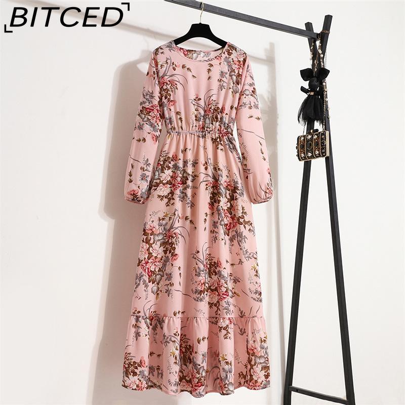 BITCED 25 цветов, весенние женские макси-платья, повседневные, с длинным рукавом, с цветочным принтом, с круглым вырезом, длинное женское платье, бохо, пляжная вечеринка, женские платья, мусульманское платье
