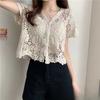 Sheer Crochet Top Short Sleeve Button Front V-Neck Open-knit Embroidery Blouse Women Summer
