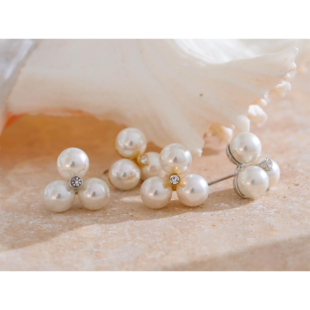 Yhpup Korean Style Simulated Pearls Flower Stud Earrings for Women Exquisite Stainless Steel Elegant Daily Waterproof Jewelry