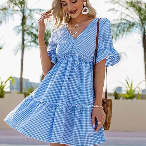 GMXIA Женские модные летние весенние однотонные повседневные платья с v-образным вырезом и короткими рукавами и высокой талией