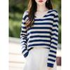 Spring and Autumn V-neck Striped Women's Long-sleeved Knitwear Loose Color Clashing Pullover Bottoming Shirt