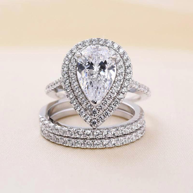 Huitan Luxury 3Pcs Set Rings for Engagement Party Female Bright Drop-shaped Zirconia Finger Accessories Gorgeous Wedding Band