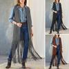 Fringe Long Tassel Open-Front Sleeveless Loose 70s Hippie Cardigan Solid Color Patch Pocket Cowboy Cosplay