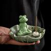 Meditation Frog Incense Stick Holder Ceramics Lotus Leaf Sitting Frog Incense Burner Home Office Desktop Decoration Ornament
