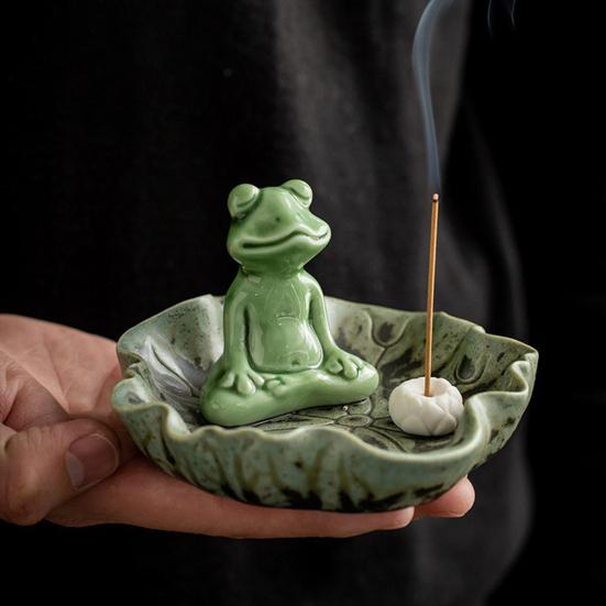 Meditation Frog Incense Stick Holder Ceramics Lotus Leaf Sitting Frog