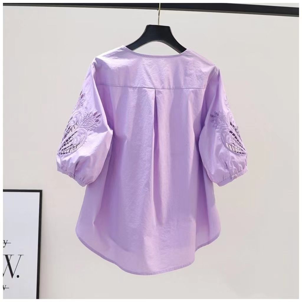 Фиолетовая полая хлопковая рубашка с вышивкой, женская летняя дизайнерская свободная рубашка с круглым вырезом, топ