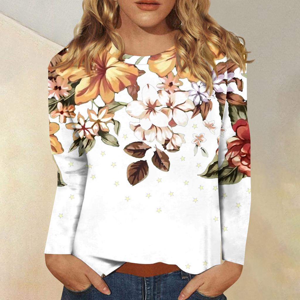 Женская модная повседневная футболка с круглым вырезом и длинным рукавом с принтом, топ