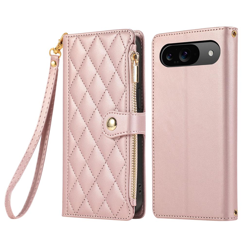 Чехол для Google Pixel 9/9 Pro с несколькими слотами для карт, на молнии, ромбовидный кожаный чехол для телефона с ремешком на запястье